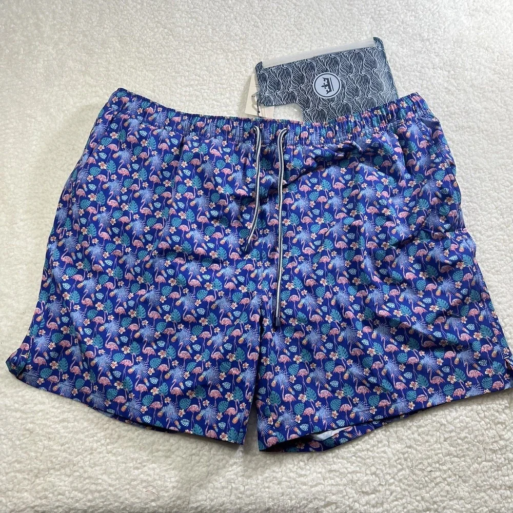Peter Millar Tropical Flock Swim Trunks Mens 2XL Blue Flamingo Stretch Pouch